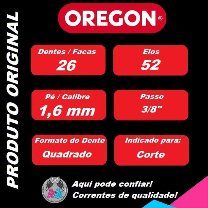 Corrente OREGON para Motosserras Stihl - Dente Quadrado - 26 Dentes 3/8" 1,6 mm Corrente OREGON para Motosserras Stihl - Dente Quadrado - 26 Dentes 3/8" 1,6 mm